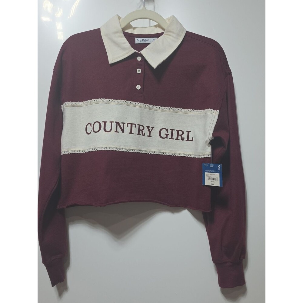 Arizona Jean Co. Juniors X-Small Burgundy/Cream Cropped Rugby Pullover